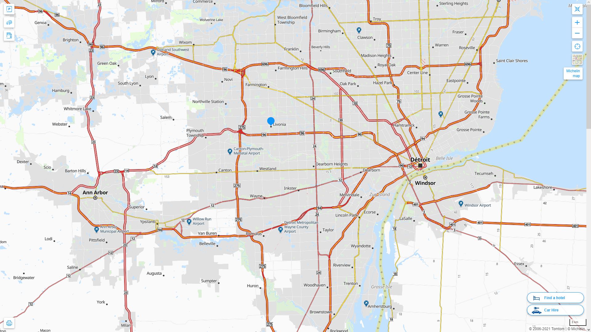 Livonia Michigan Highway and Road Map
